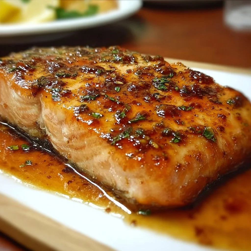 Texas Roadhouse Style Baked Salmon on a plate with fresh herbs and lemon slices