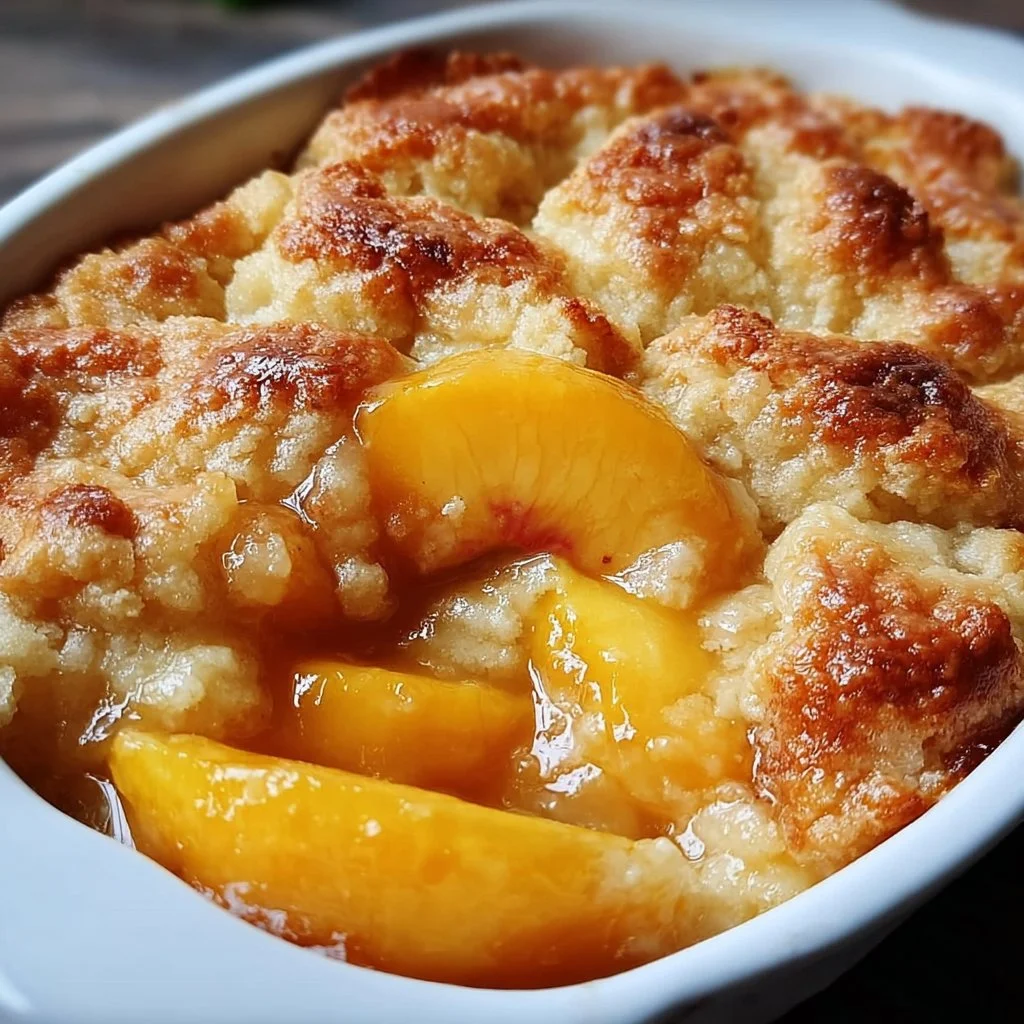 Delicious homemade peach cobbler served warm with ice cream