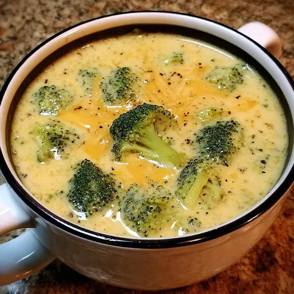 Delicious bowl of ultimate crock pot broccoli cheese soup topped with cheese.
