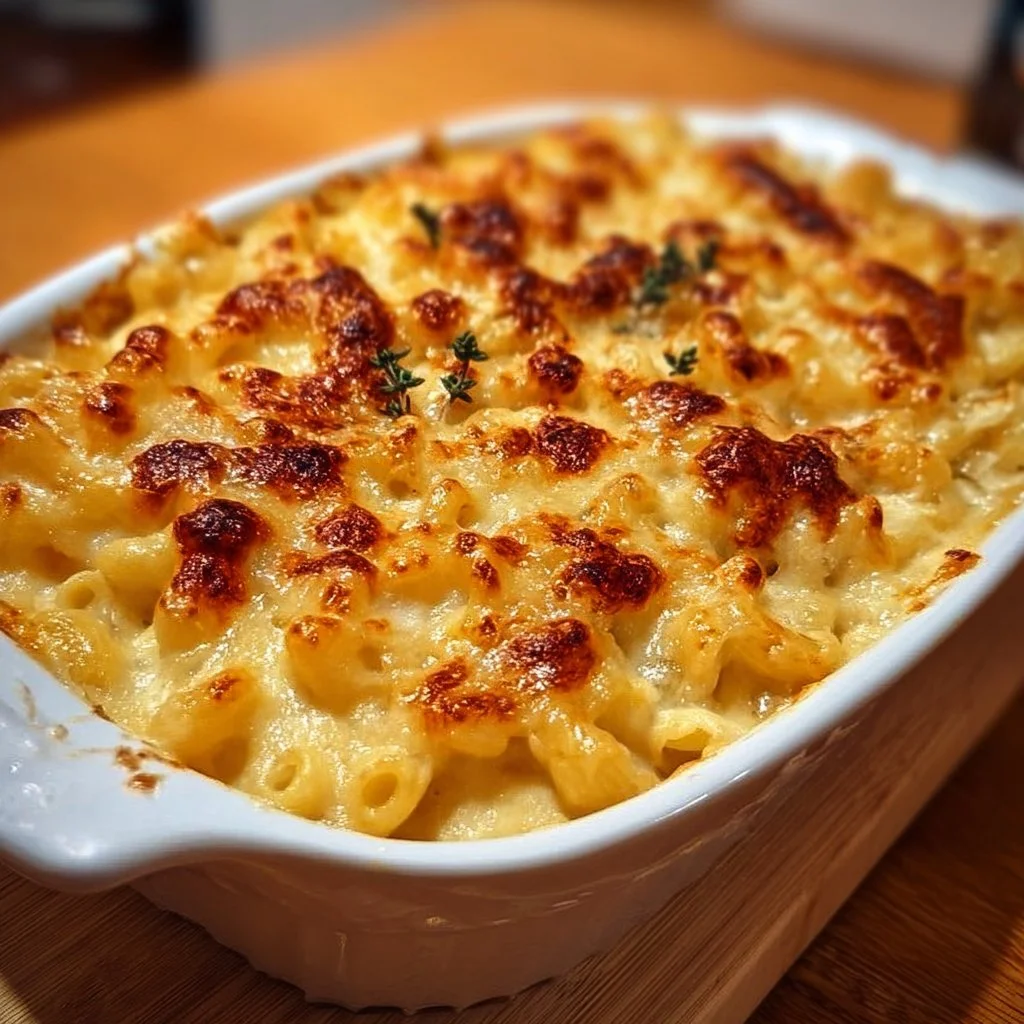 Three-Cheese Baked Macaroni dish topped with melted cheese and breadcrumbs