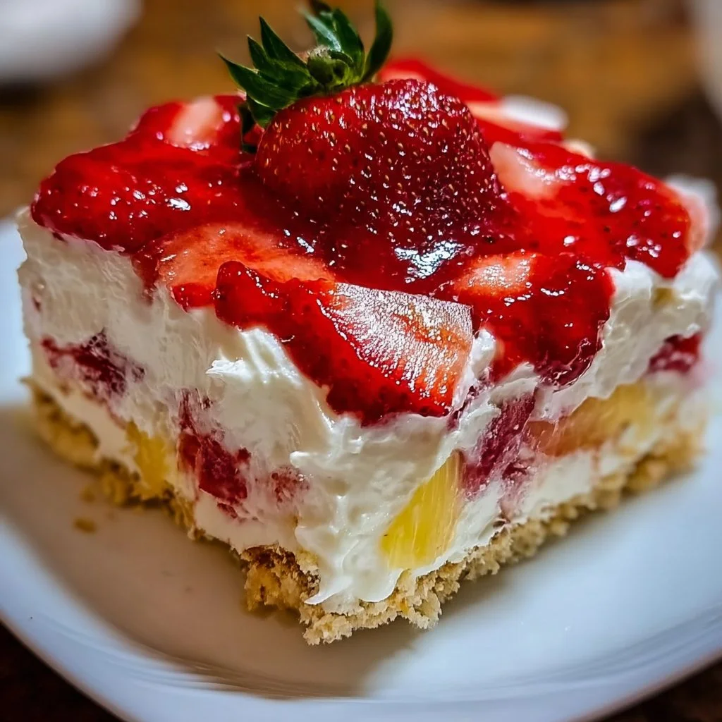 Delicious Tropical No-Bake Strawberry Split Cake with fresh strawberries and cream.