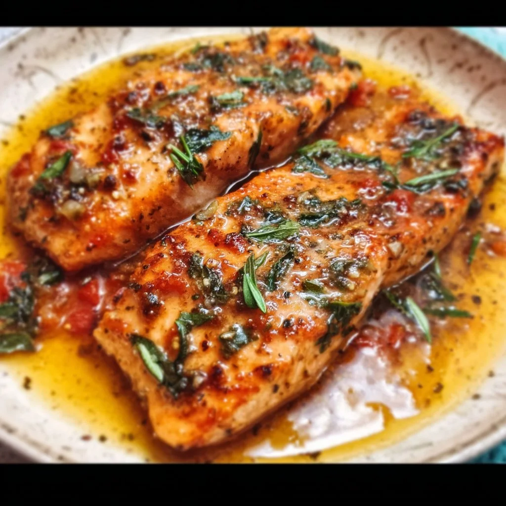 Delicious Tuscan Garlic Salmon garnished with herbs