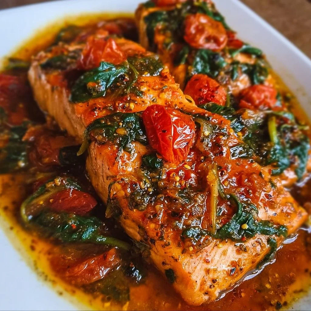 Delicious Tuscan Garlic Salmon with spinach and tomato on a white plate