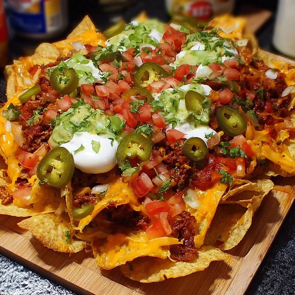 Plate of ultimate loaded nachos topped with cheese, jalapenos, and salsa