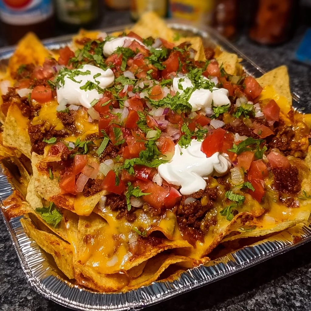 Ultimate Loaded Nachos topped with cheese, jalapeños, and toppings