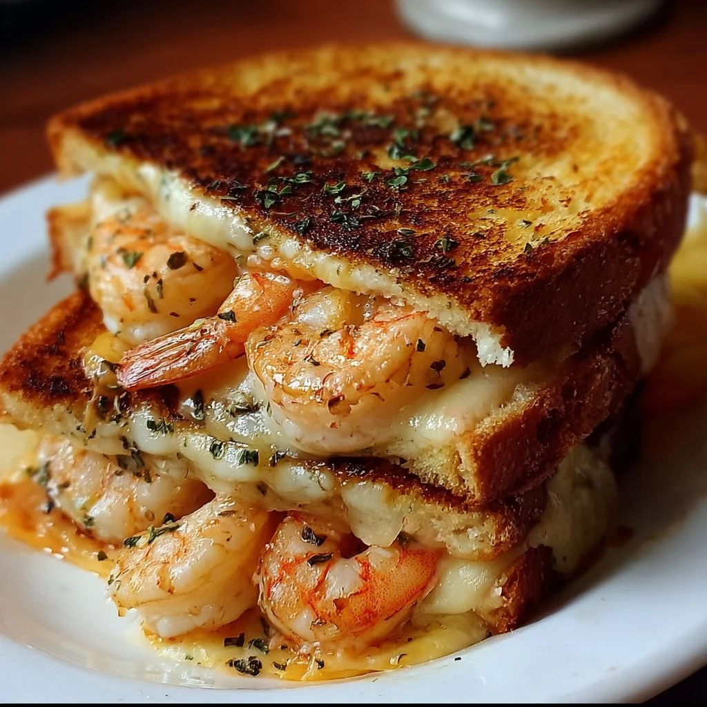 Ultimate shrimp grilled cheese sandwich with garlic bread on a plate