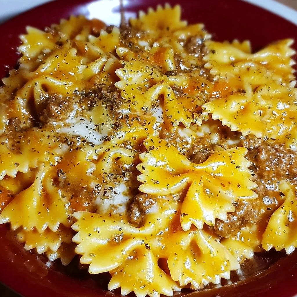 Velveeta beef pasta with bowtie noodles in a creamy sauce