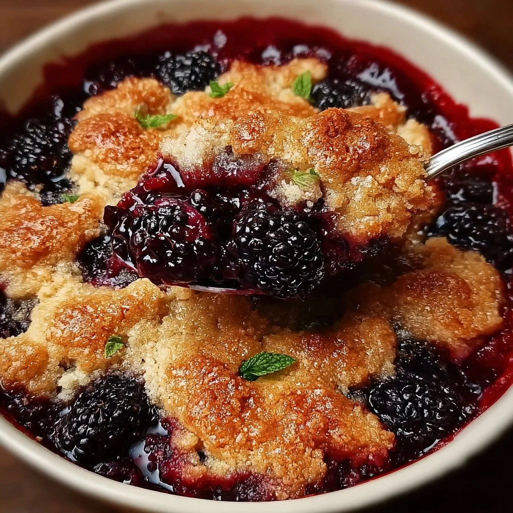 Delicious warm blackberry cobbler in a baking dish