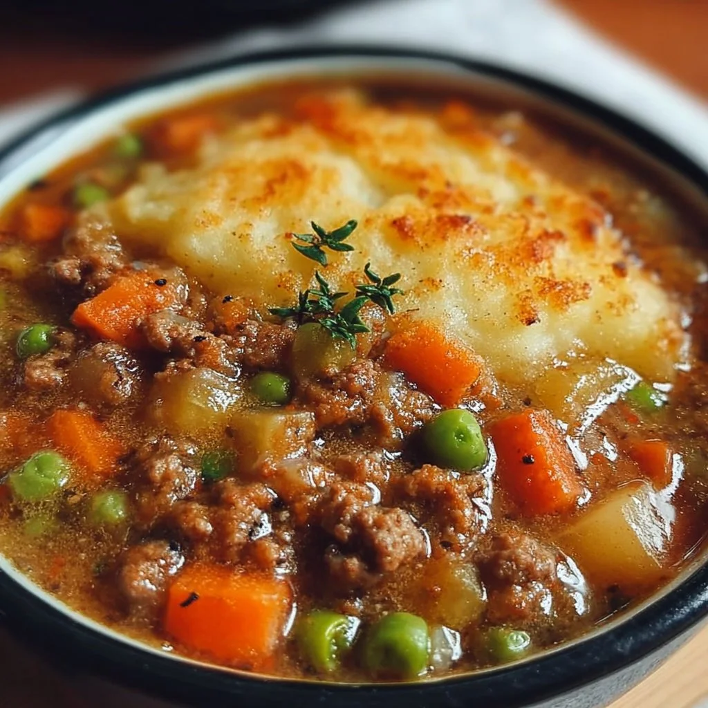 A warm bowl of Shepherd’s Pie Soup with vegetables and beef