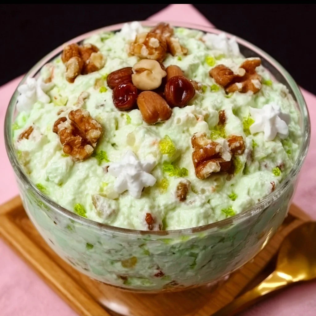 Delicious Watergate Salad with pineapple, pistachio pudding, and whipped cream