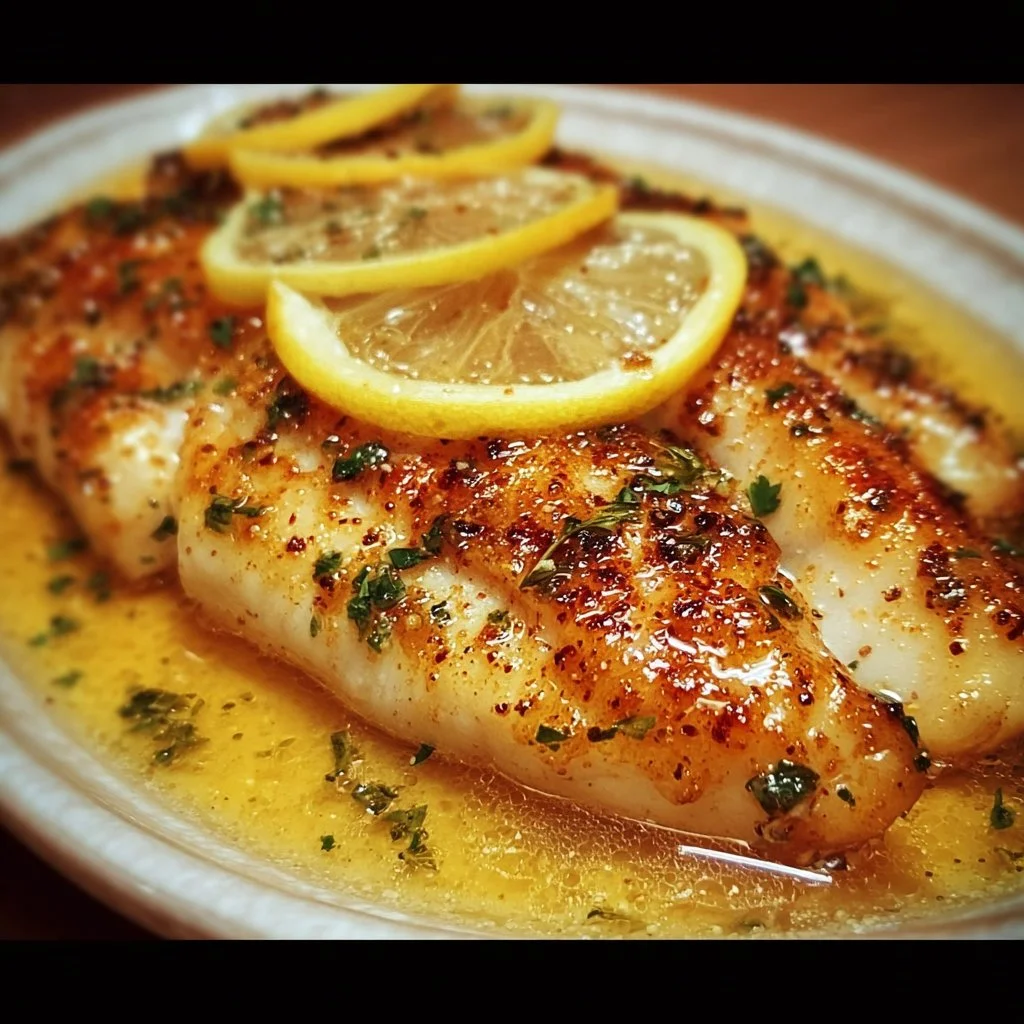 Zesty lemon butter fish fillet garnished with herbs and lemon slices