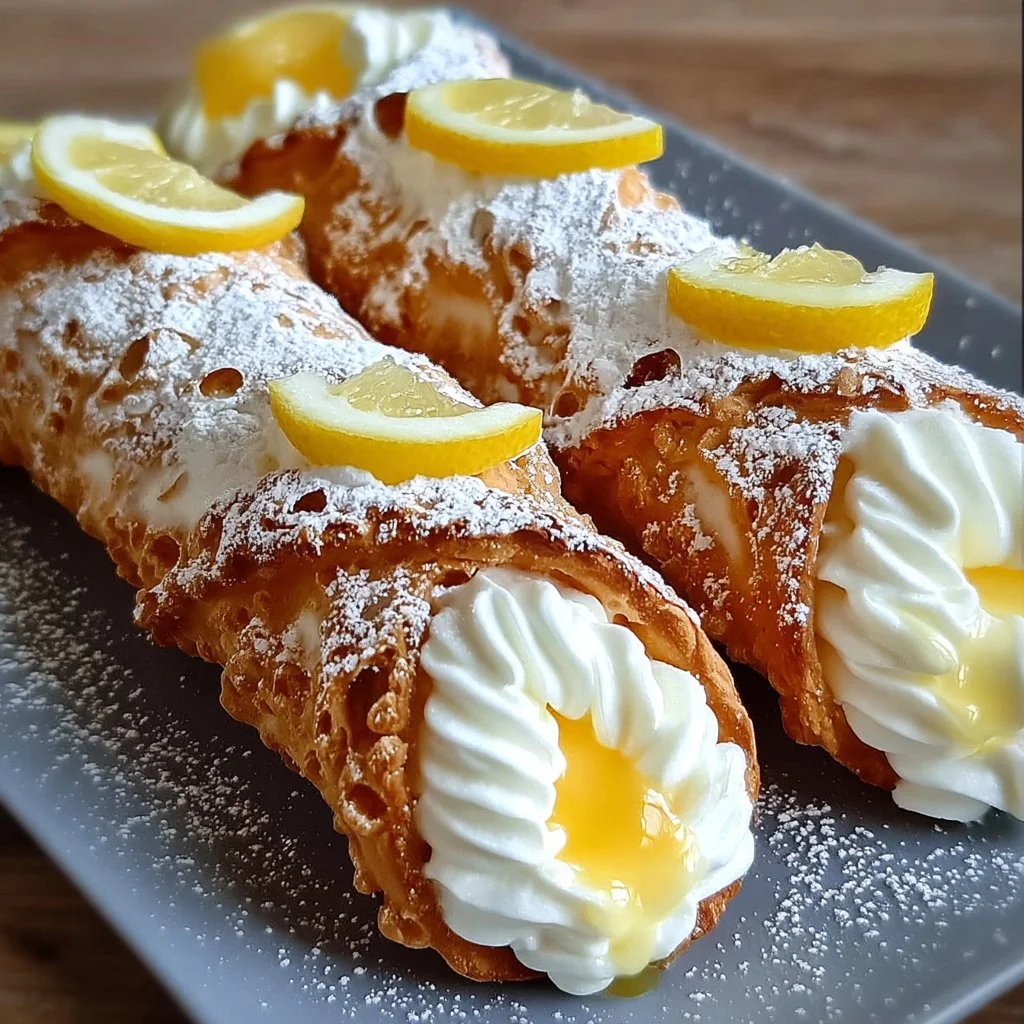 Zesty lemon-cream cannolis with meringue topping on a white plate.