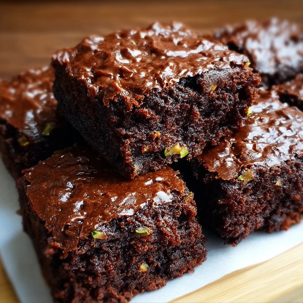 Delicious zucchini brownies on a wooden platter with chocolate drizzle.