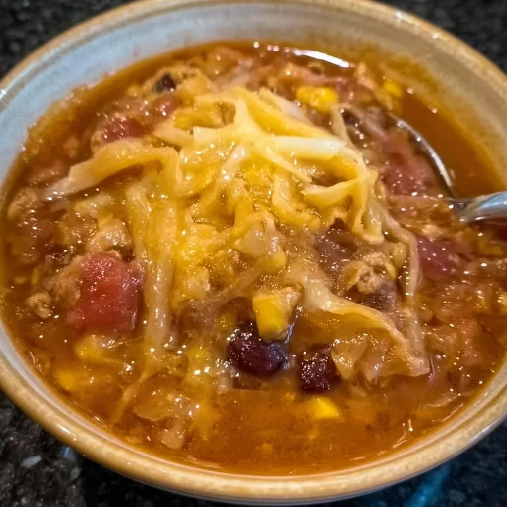 Bowl of 7-Can Taco Soup with colorful ingredients