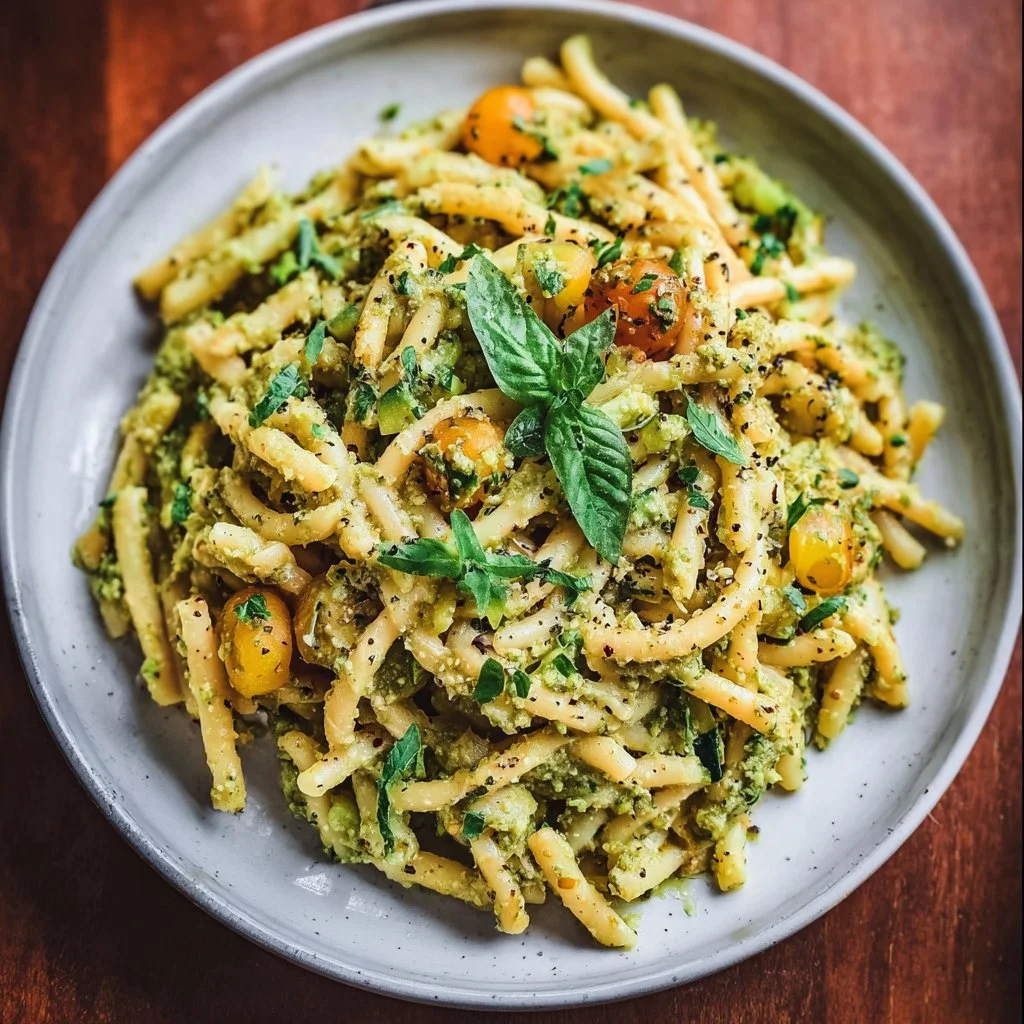 Bowl of vegan zucchini pesto pasta made with fresh ingredients