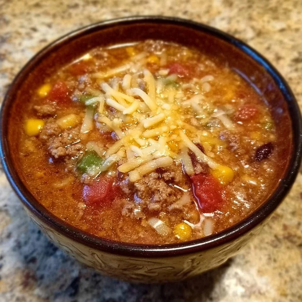Delicious bowl of cheesy taco soup topped with cheese and cilantro