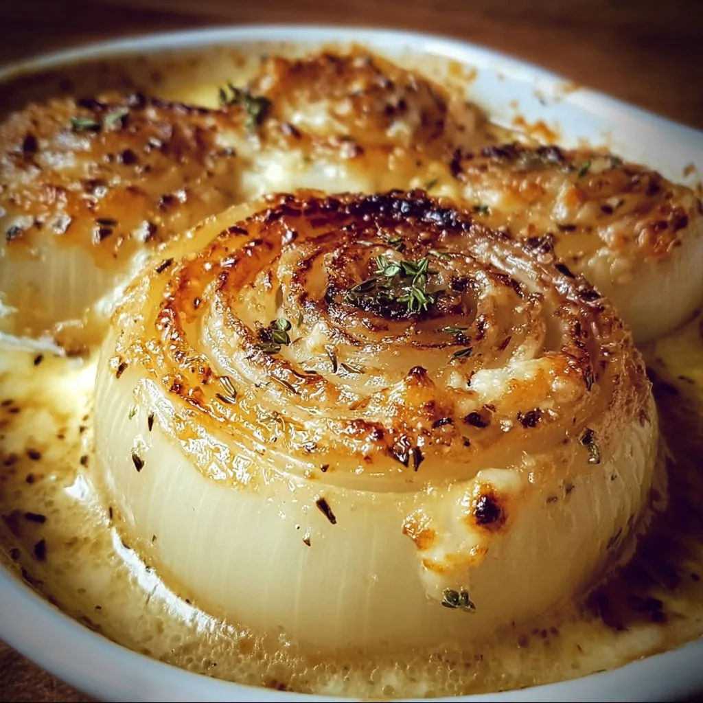 Delicious Asiago creamy baked onions topped with cheese and baked to perfection.
