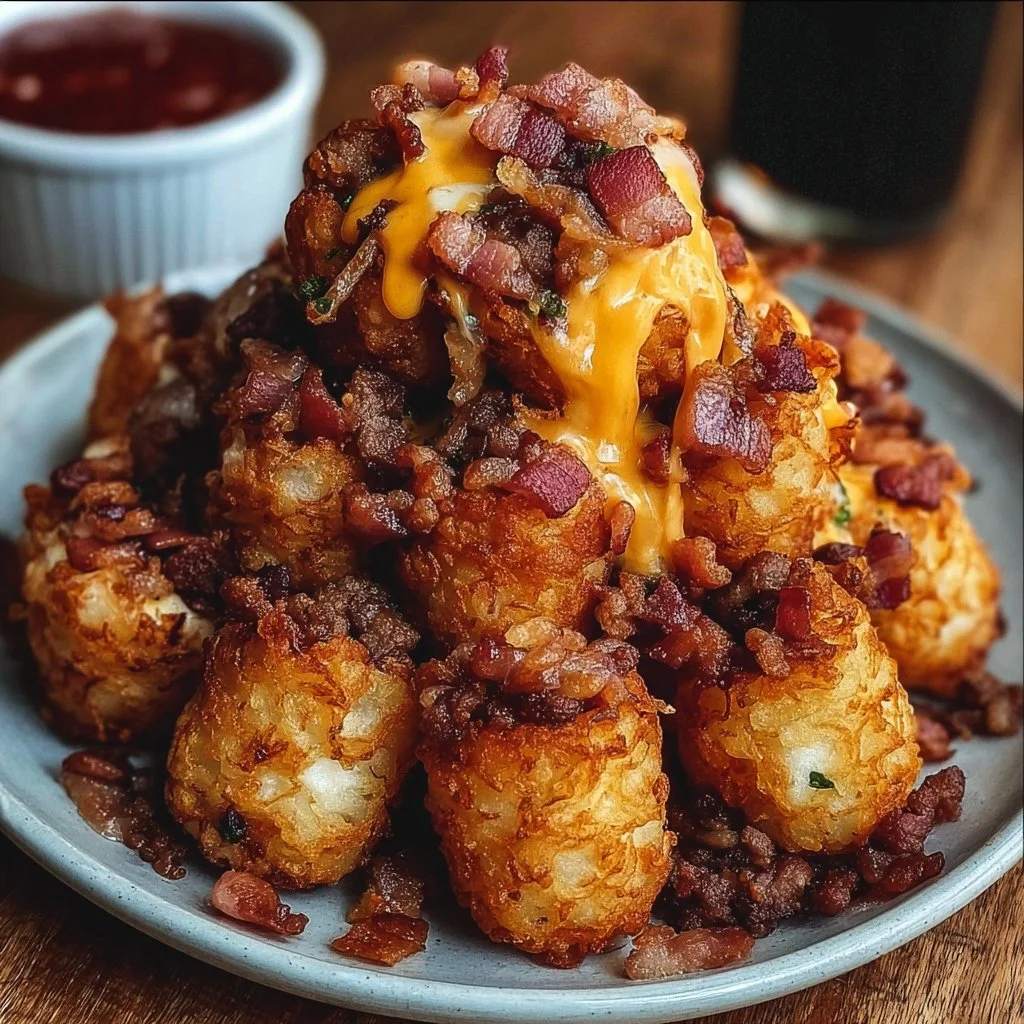 Bacon cheeseburger stuffed tater tot cones filled with savory ingredients