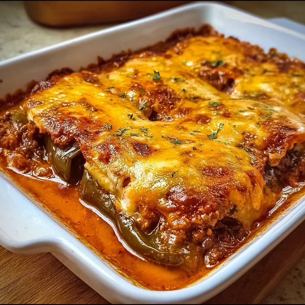 Baked Beef Stuffed Peppers Casserole with vibrant peppers and savory beef filling