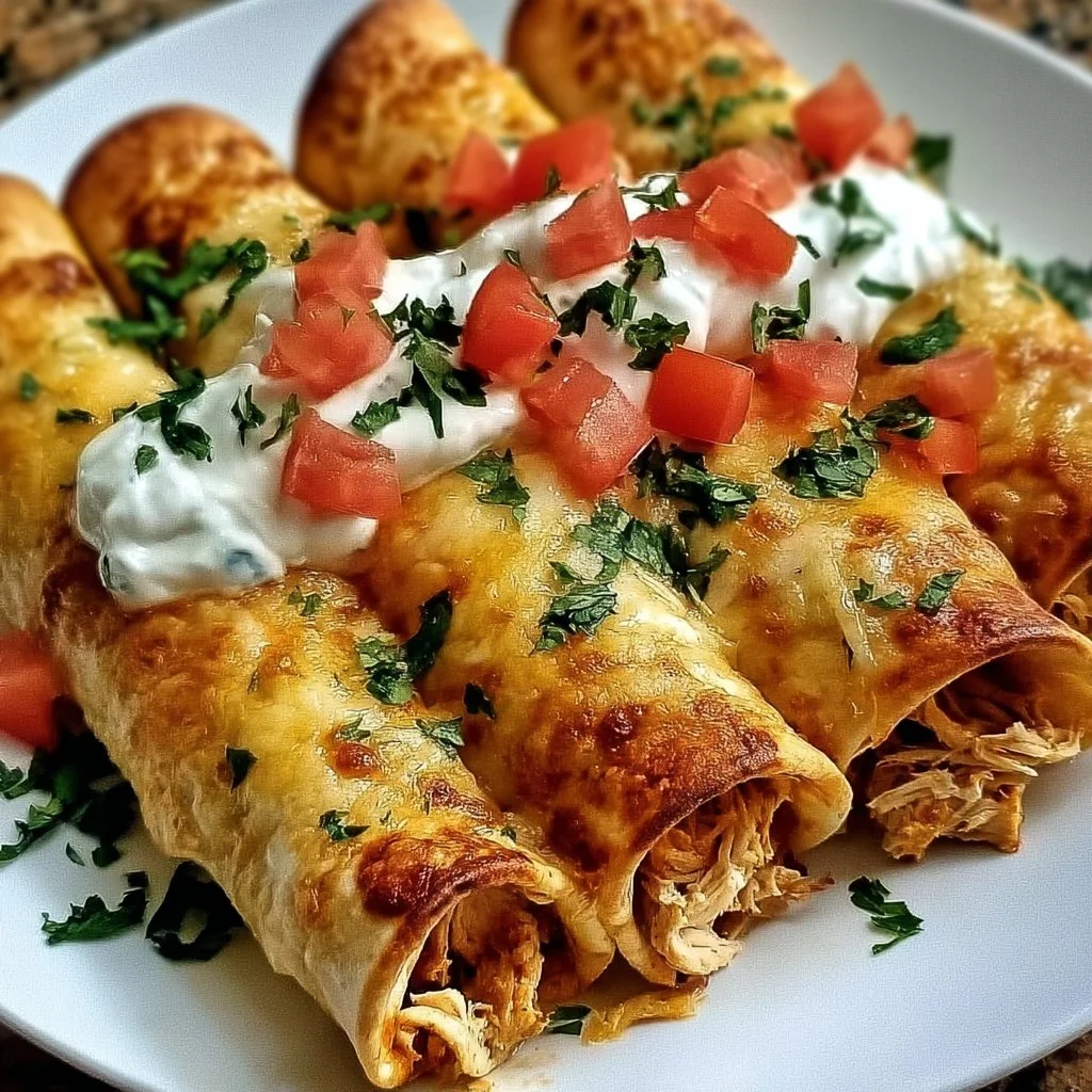 Baked cream cheese chicken taquitos on a plate garnished with cilantro