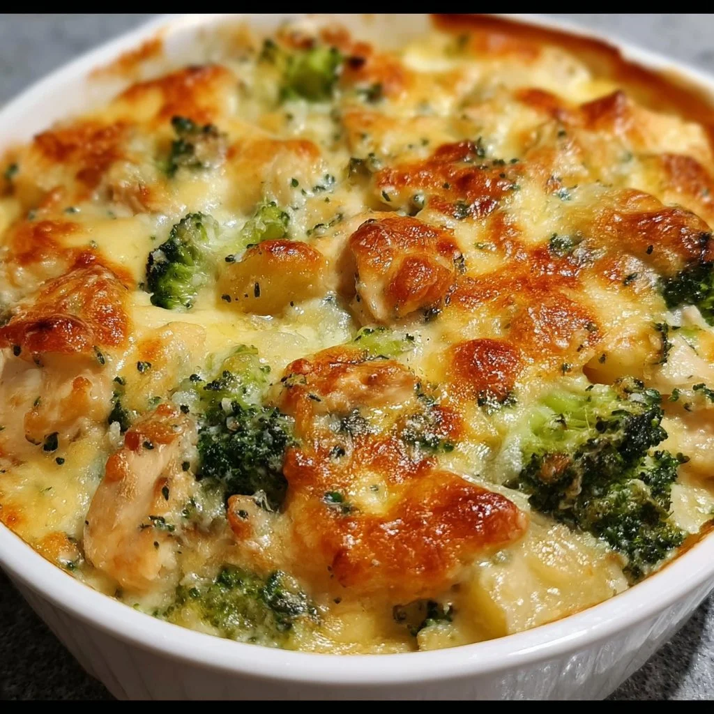Delicious Baked Potato Casserole with chicken and broccoli served in a dish.