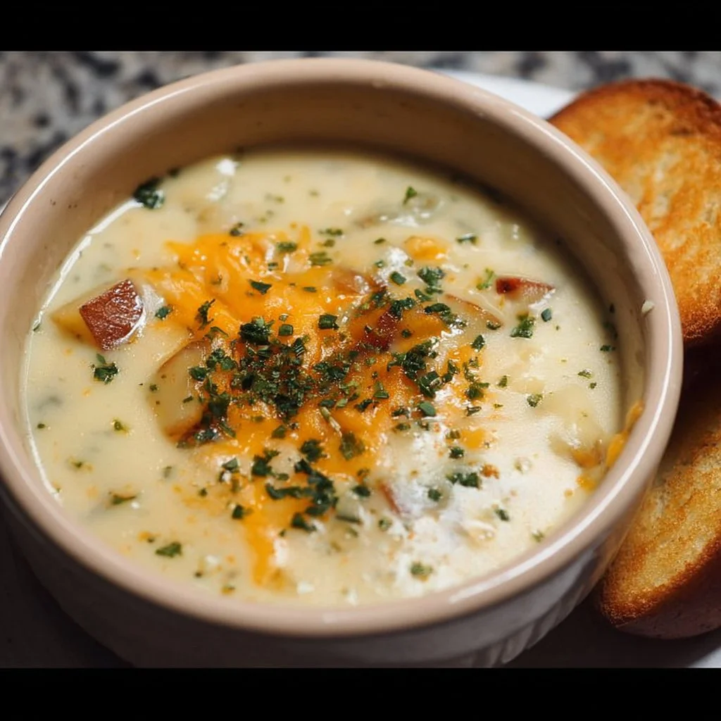 Delicious baked potato soup topped with cheese, chives, and bacon bits.