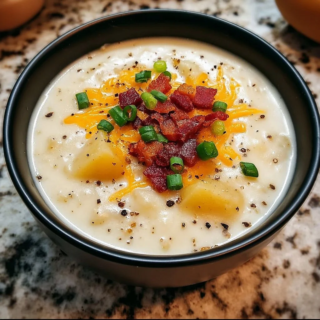 Delicious bowl of homemade Baked Potato Soup topped with cheese and chives