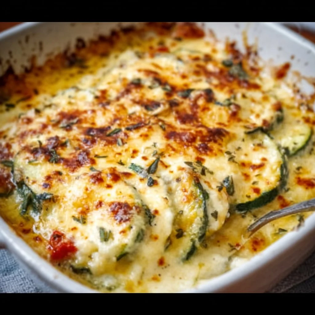 Baked zucchini topped with melted cheese, a delicious and healthy dish.
