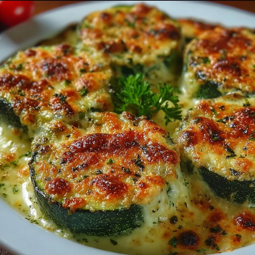 Baked zucchini cheese dish topped with melted cheese and herbs
