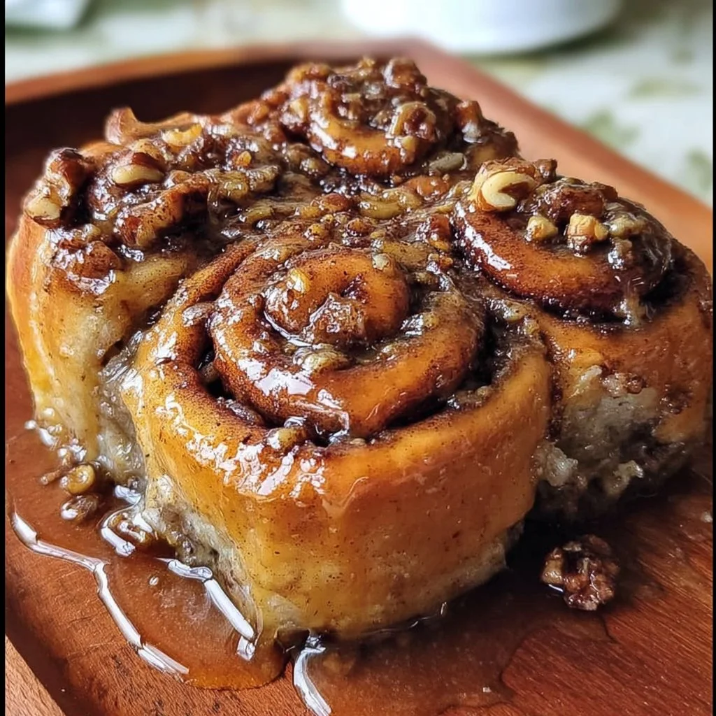 Delicious banana bread cinnamon rolls topped with icing on a baking tray.