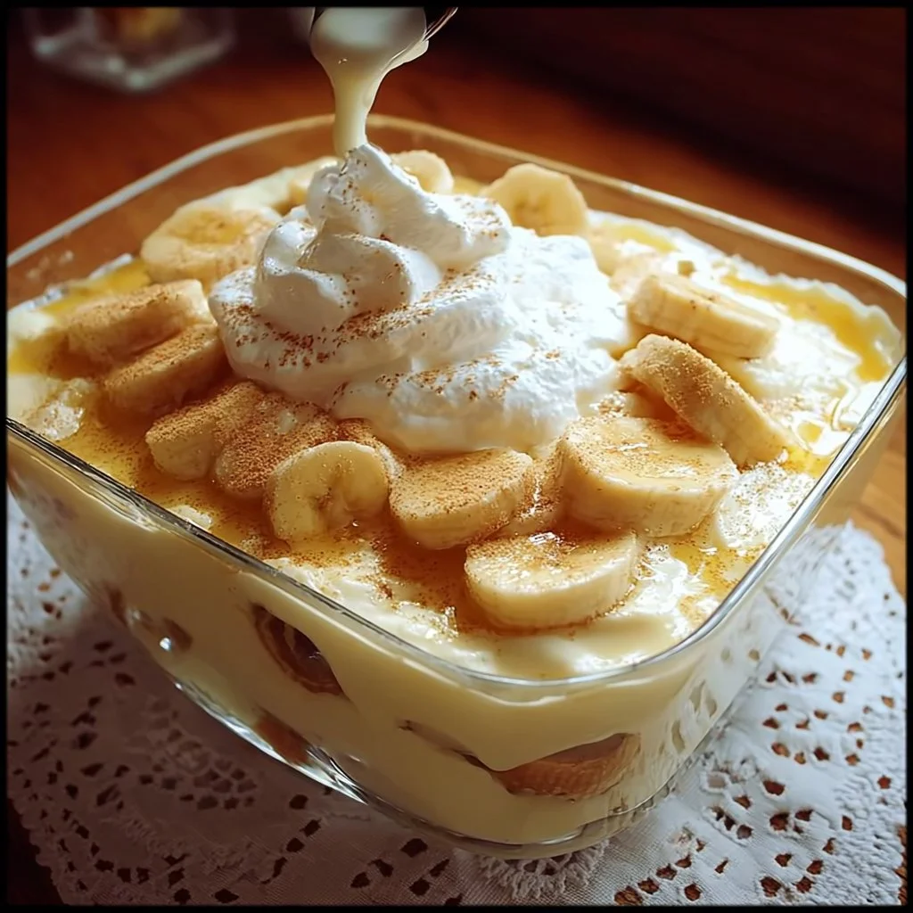 Delicious homemade banana pudding served in a bowl with fresh bananas.