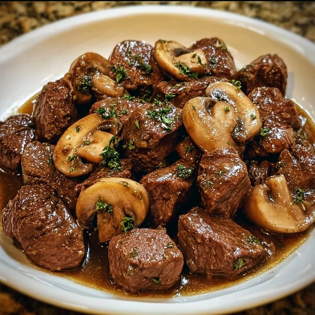 Beef tips with mushrooms served on a plate with herbs