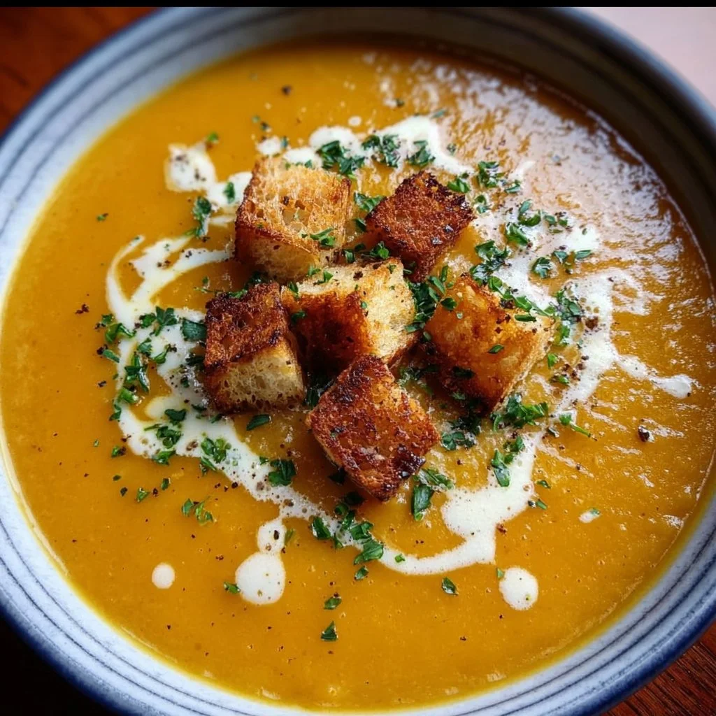 Bowl of delicious homemade butternut squash soup garnished with herbs.