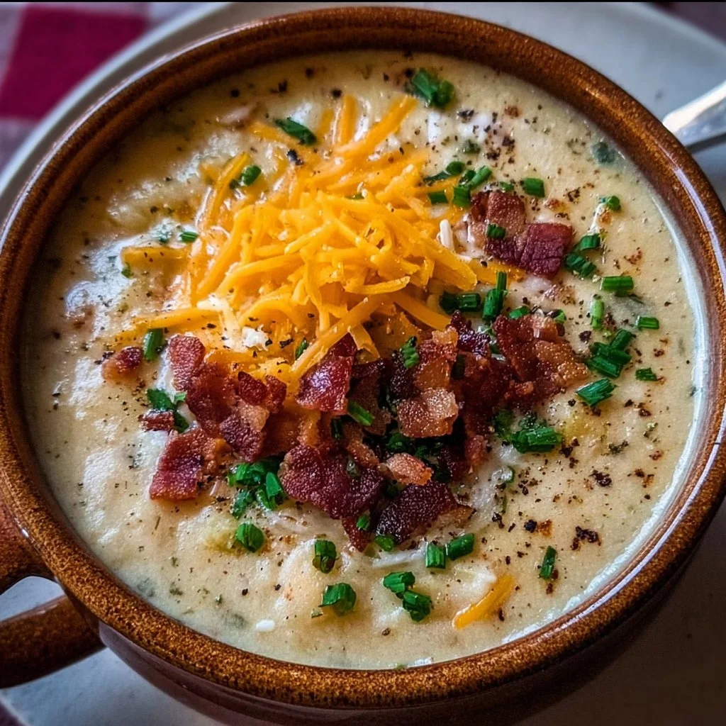 Delicious loaded baked potato soup topped with cheese, bacon, and green onions
