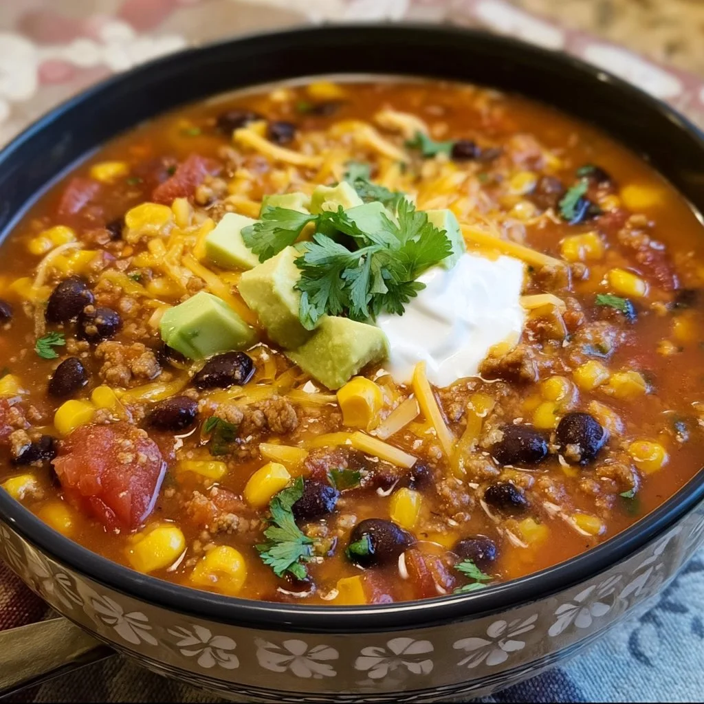 Delicious bowl of best taco soup topped with cheese and cilantro