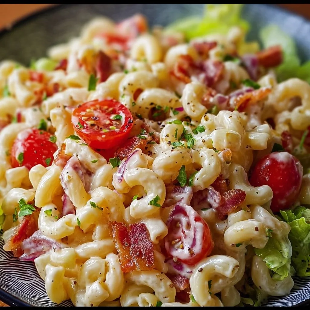 BLT Macaroni Salad with bacon, tomatoes, and creamy dressing in a bowl