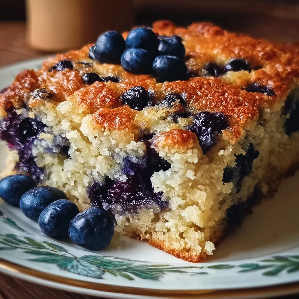 Slice of blueberry buttermilk breakfast cake on a plate with fresh blueberries