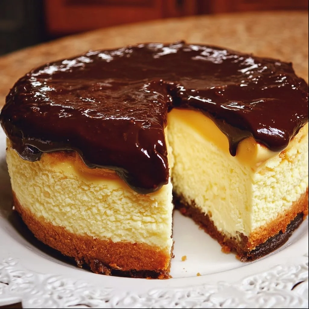 Slice of Boston Cream Pie Cheesecake topped with chocolate ganache and vanilla cream.