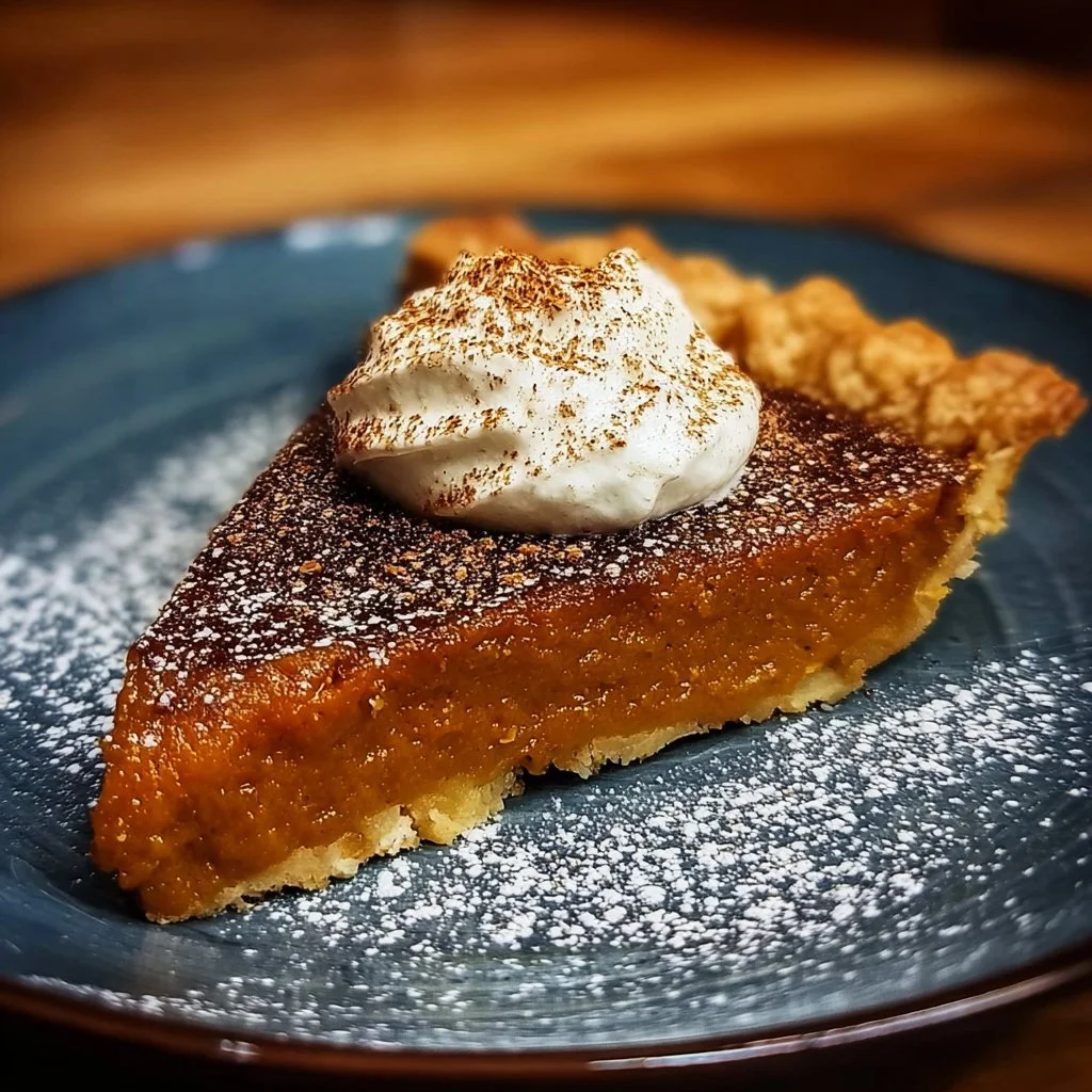 Delicious Bourbon Burnt Pumpkin Pie served with whipped cream and autumn spices