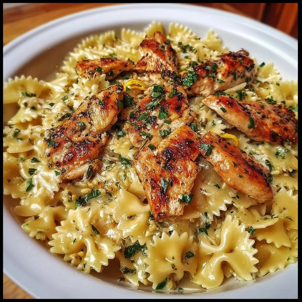 A delicious serving of Bowtie Lemon Garlic Chicken Pasta with bright lemon and garlic flavors.