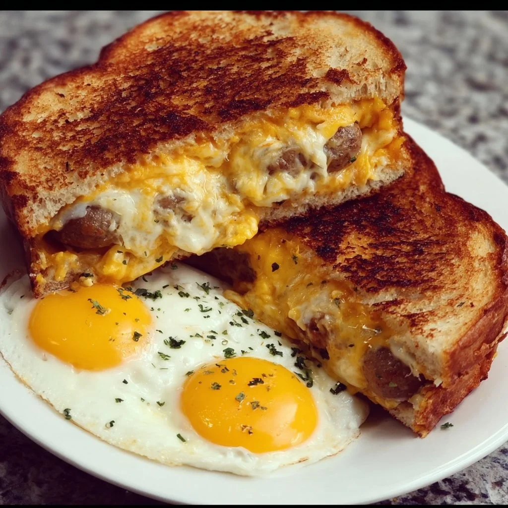 Breakfast grilled cheese sandwich with eggs and cheese served on a plate