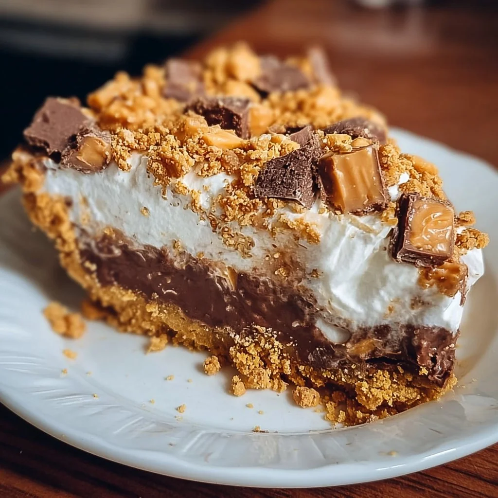 Delicious homemade Butterfinger Pie topped with chocolate and crushed Butterfinger bars.