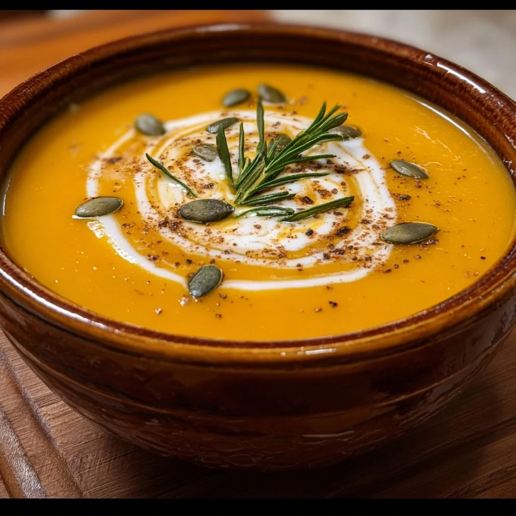Bowl of creamy butternut squash soup garnished with herbs and spices
