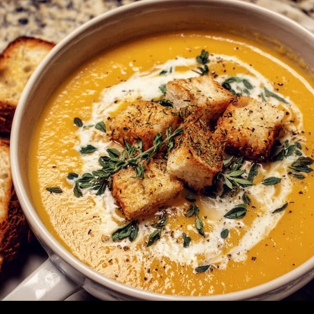 Bowl of creamy butternut squash soup with spices and fresh herbs on a rustic table