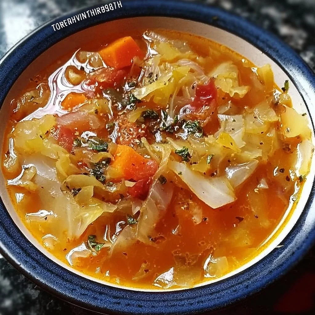 Delicious Cabbage Fat-burning Soup in a bowl garnished with herbs