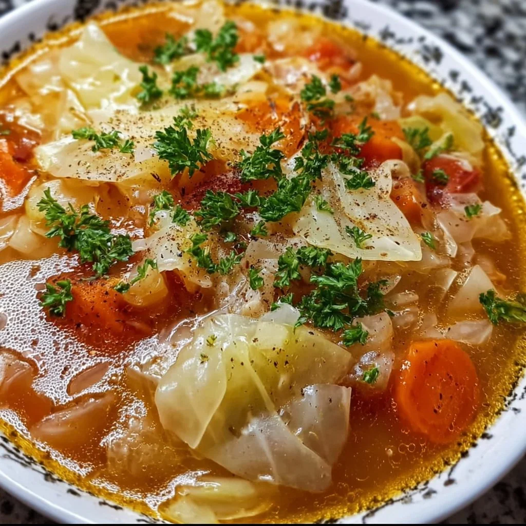 Delicious cabbage soup in a bowl topped with herbs and spices
