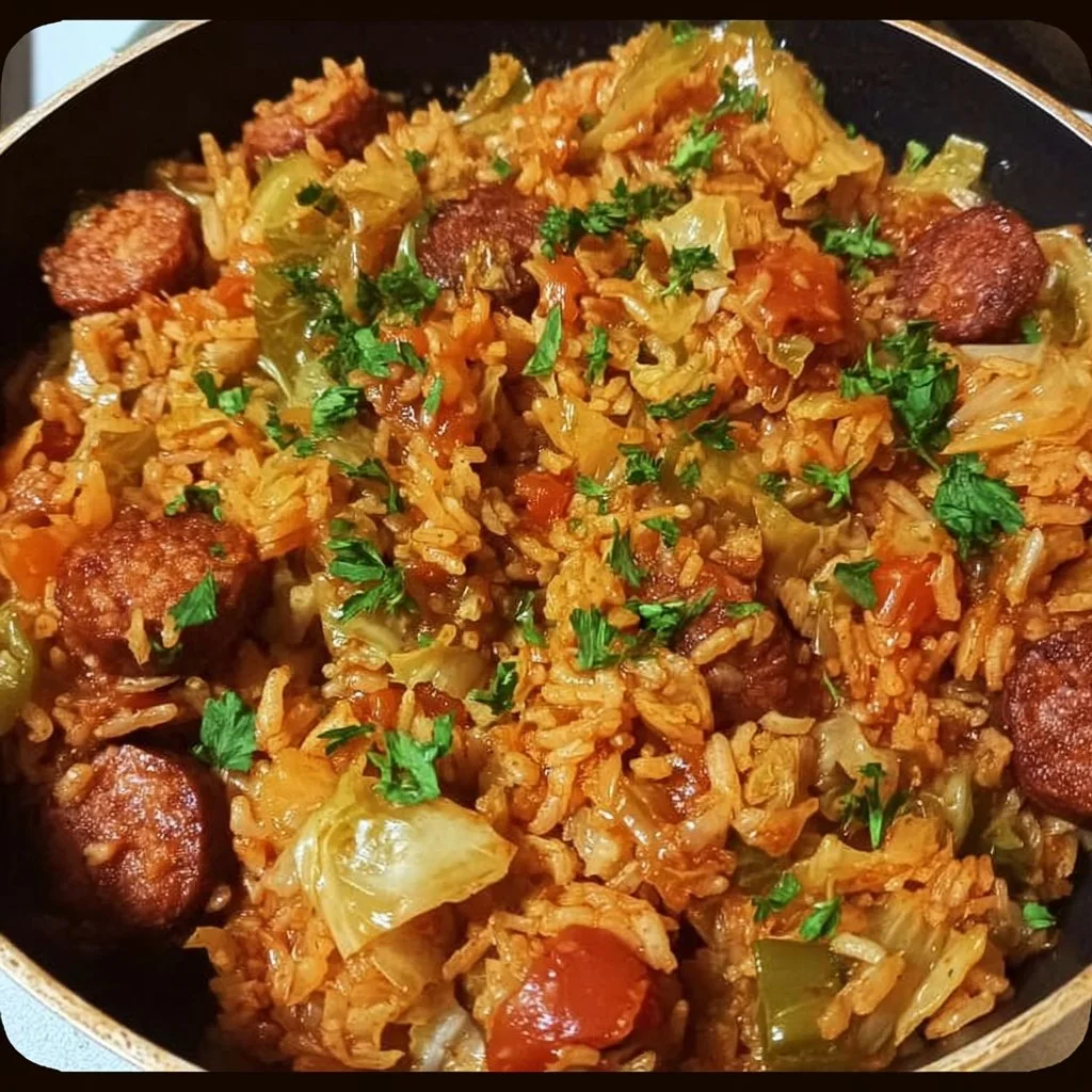 Bowl of Cajun Cabbage Jambalaya with colorful vegetables and rice