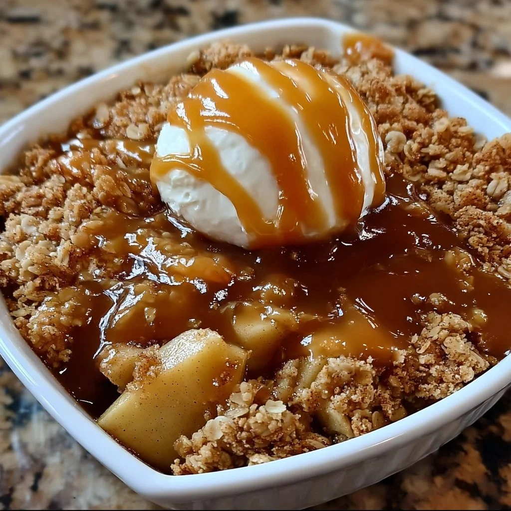 Delicious Caramel Apple Crisp with apples and caramel topping in a baking dish