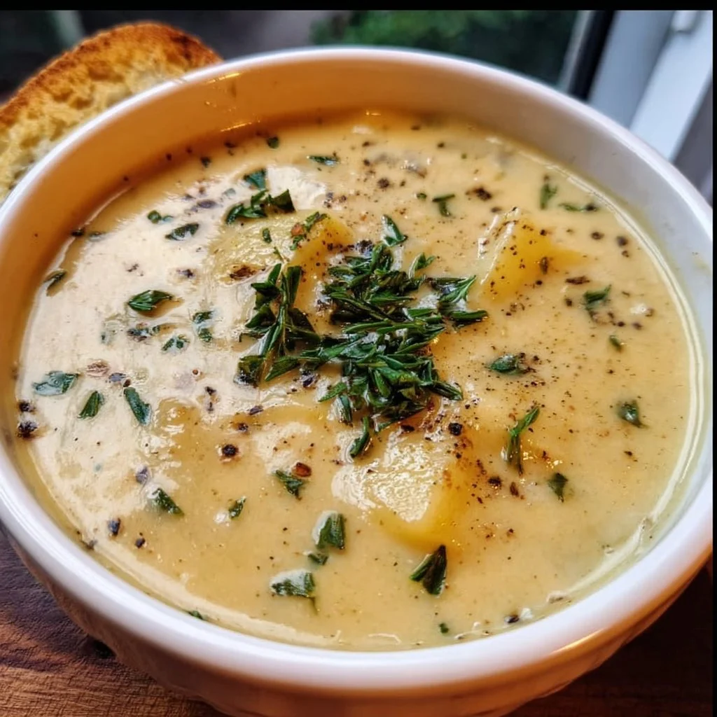 Bowl of Cheddar Garlic Herb Potato Soup with fresh herbs and cheese
