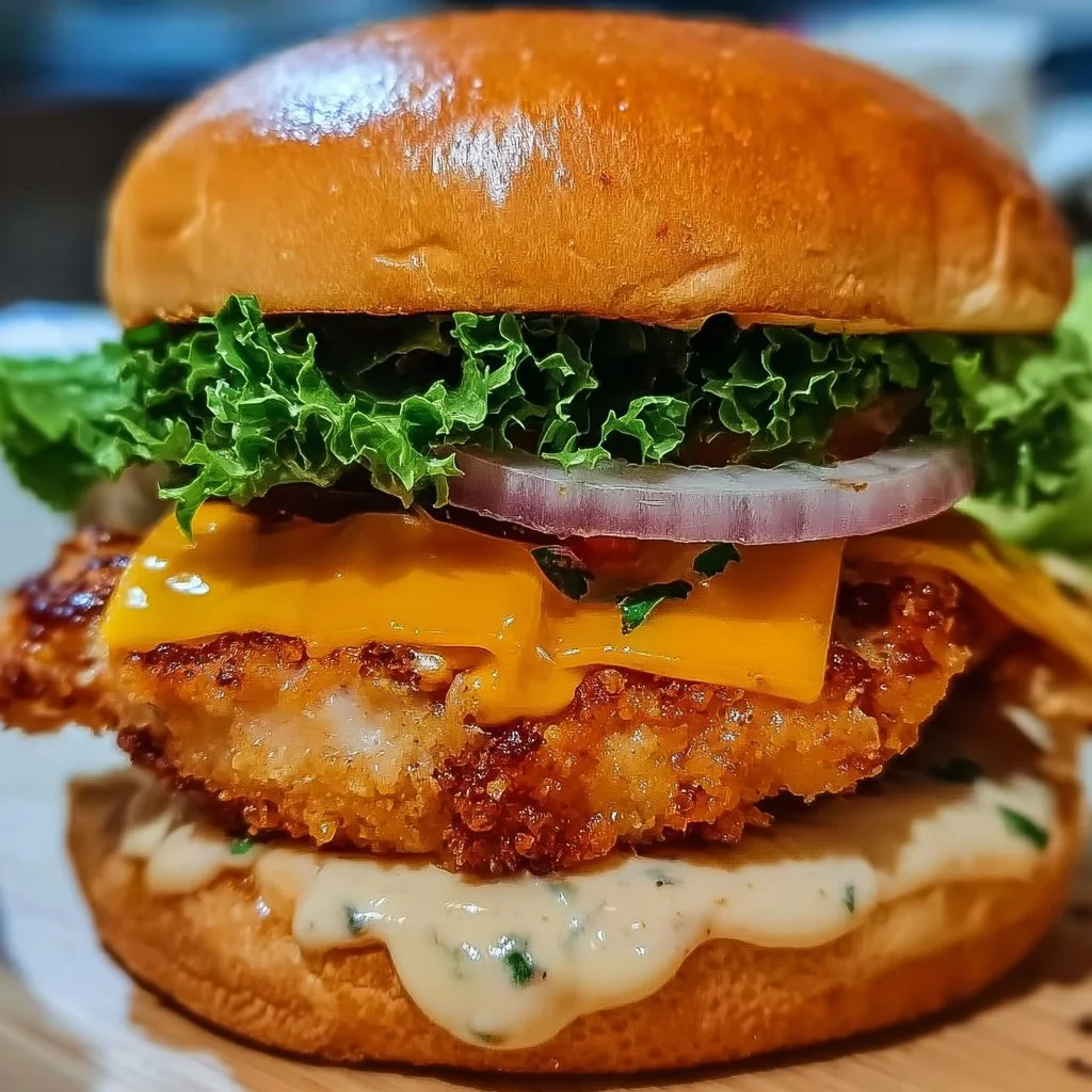 Delicious Cheddar Ranch Chicken Burgers on a grill with cheddar and ranch dressing.